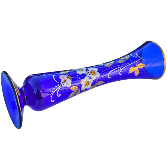 Traditional Antique Floral-Patterned Blue Glass Vase For Sale - Image 3 of 5