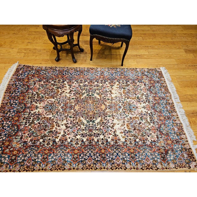 Vintage Persian Kerman Lavar Rug, Hand-Knotted Wool & Silk, Allover Floral Pattern, Ivory & Blue, 4x7 For Sale In Chicago - Image 6 of 17