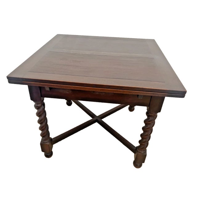 1900 - 1909 Antique Expanding Pub Kitchen Table Barley Twist Legs Quarter Sawed Dark Oak For Sale - Image 5 of 12