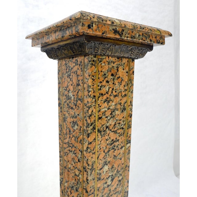 Tall Antique c1920s Brass Mount Inlayed Granite 12” Square Pedestal Stand MINT For Sale - Image 11 of 11