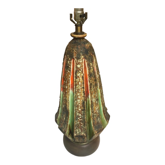 Mid-Century Red / Orange and Green Blister Glaze Table Lamp For Sale