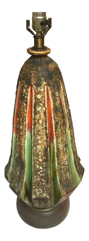 Mid-Century Red / Orange and Green Blister Glaze Table Lamp
