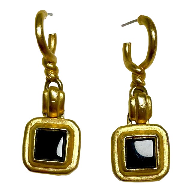 1990s Roxanne Assoulin Gold Etruscan Drop Earrings and Black Onyx - 2 Pieces For Sale