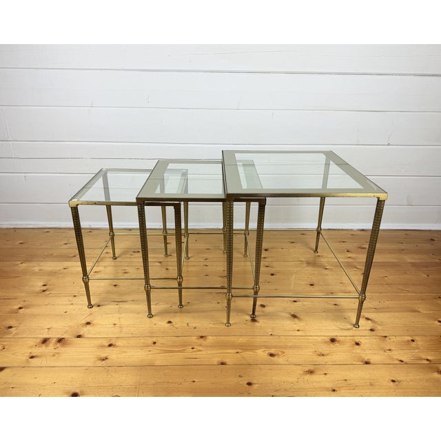 Metal Vintage Hollywood Regency Brass and Glass Nesting Tables, 1950s, Set of 3 For Sale - Image 7 of 11