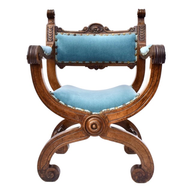 Antique French Curule Throne Chair in Mohair For Sale