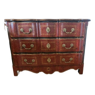 Theodore Alexander Red Leather-Wrapped Serpentine Three-Drawer Chest With Gilt Decoration For Sale