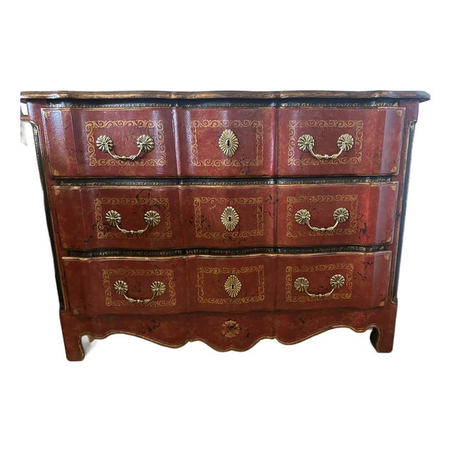 Theodore Alexander Red Leather-Wrapped Serpentine Three-Drawer Chest With Gilt Decoration For Sale