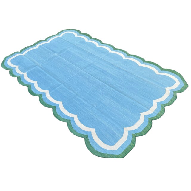 Mid-Century Modern Handmade Cotton Area Scalloped Rug Sky Blue, Cream and Forest Green Border Dhurrie - 5'x8' For Sale - Image 3 of 11
