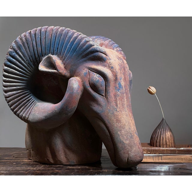 Mid-Century Modern Vintage Monumental Modernist Raku Fired Ceramic Ram’s Head For Sale - Image 3 of 12