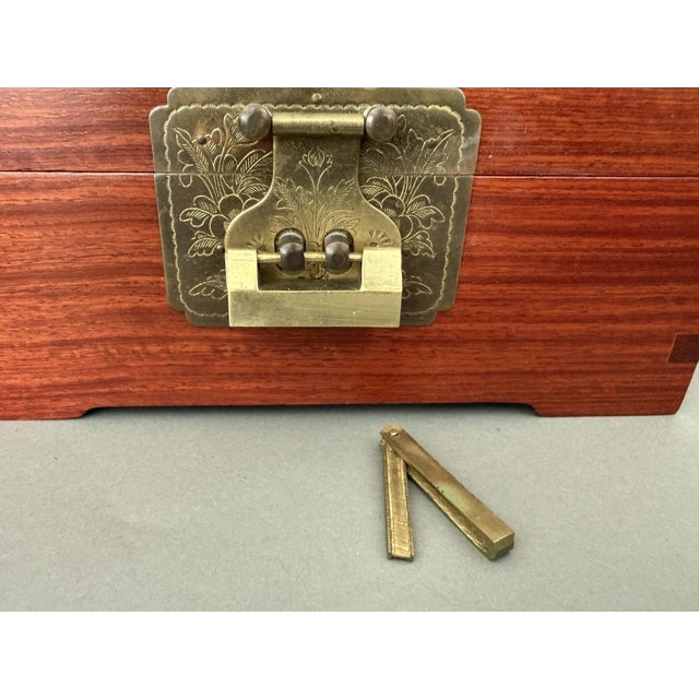 Chinese Asian Wooden Jewelry Box Brass Red Lined Trinket Chest W/Key + Lock Vintage For Sale - Image 13 of 18
