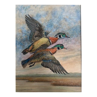 1990’s Impressionist “Two Male Wood Ducks in Flight Over Marsh” Watercolor Painting For Sale
