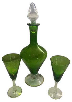 Art Deco Emerald Green Decanter and 2 Wine Glasses, 1930s, Set of 3