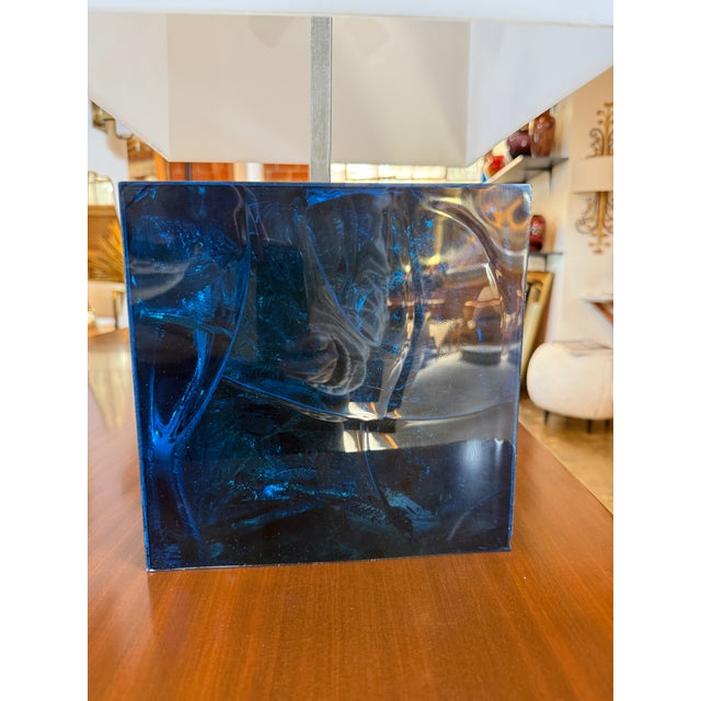 Glass Table Lamp With Blue Murano Glass Base and Acrylic Shade, 1970s For Sale - Image 7 of 9