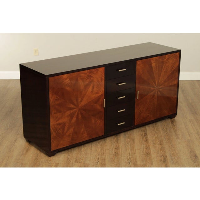 High Quality American Made Lacquered Wood Sideboard, Center Dovetailed Drawers Flanked by Starburst Veneered Cabinet...