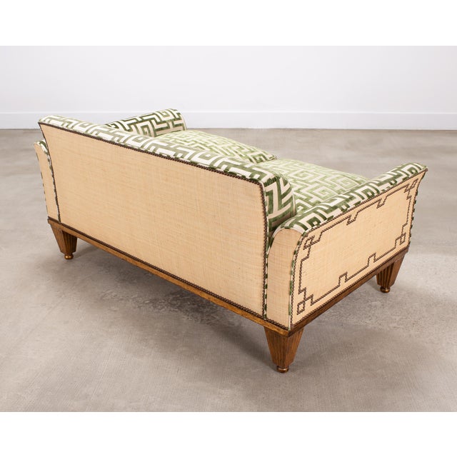 20th C. Art Deco Style Greek Key Velvet and Raffia Settee For Sale - Image 15 of 18