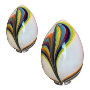 Contemporary Murano Style Glass Multicolored Reeds White Egg Lamps Lot of 2