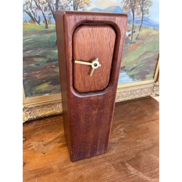 1970s Mid-Century Modern Wood Block Clock With Brass Toned Hands For Sale - Image 5 of 11