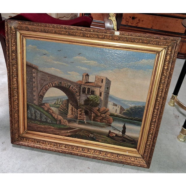H. Nicolini, Lively Landscape with Stone Bridge, 19th Century, Oil Painting on Canvas For Sale - Image 3 of 6