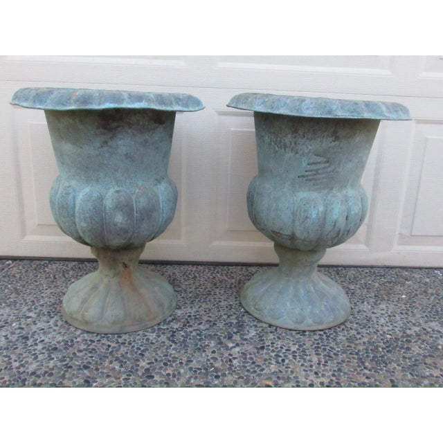 Pair of antique French campagna shaped copper urns, c.1900 A handsome pair of well aged and patinated copper urns that...