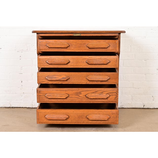 Early 20th Century Antique Arts & Crafts Carved Oak Five-Drawer Flat File or Chest of Drawers, Circa 1900 For Sale - Image 5 of 14