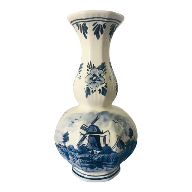 Vintage Hand Painted Delft Windmill Gourd Vase For Sale