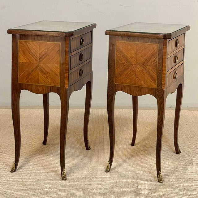 Pair of French Marble Top Marquetry Side Tables ~ Nightstands For Sale In Dallas - Image 6 of 18