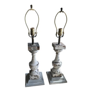 Contemporary Neutral Chipped Finish Wood Lamps - a Pair For Sale