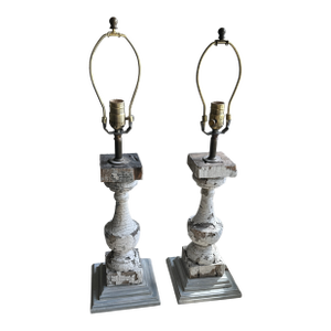 Contemporary Neutral Chipped Finish Wood Lamps - a Pair