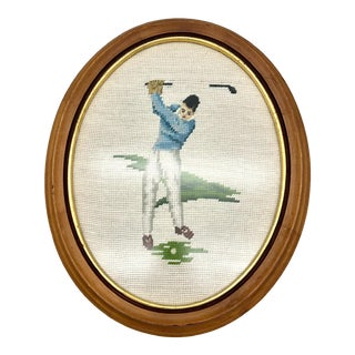 Mid 20th Century Golf Needlepoint Oval Wood Framed For Sale