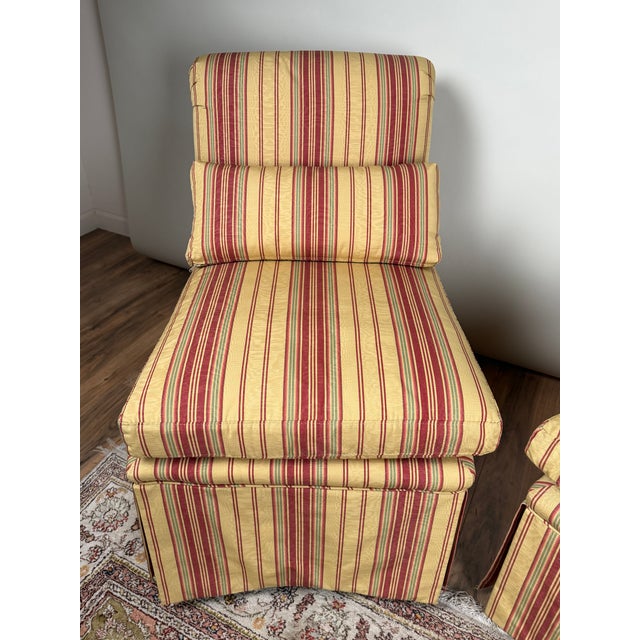 2000 - 2009 Pair of Upholstered Striped Slipper Chairs With Lumbar Pillows For Sale - Image 5 of 8