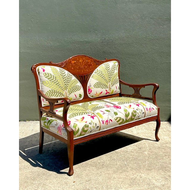 Vintage Carved Wood Settee With Embroidered Botanical Upholstery For Sale - Image 9 of 12