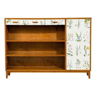 Swedish Modern, Nordens Flora Bookcase, Birch, Floral Lithographs, Sweden, 1940s For Sale