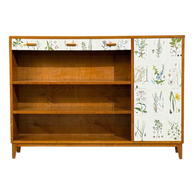 Swedish Modern, Nordens Flora Bookcase, Birch, Floral Lithographs, Sweden, 1940s For Sale