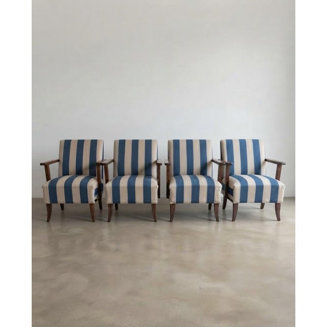 Vintage Hungarian Lounge Chairs in Blue and Cream Striped Fabric with Wooden Frames, 1950s, Set of 4 For Sale - Image 6 of 6