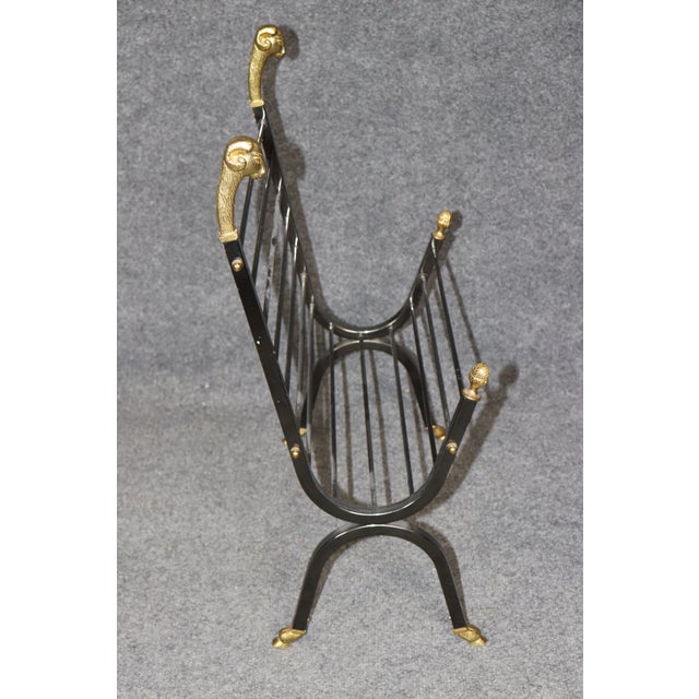 1950s Maison Jansen Attributed Brass & Metal Rams Head & Hoofed Magazine Rack For Sale - Image 5 of 10