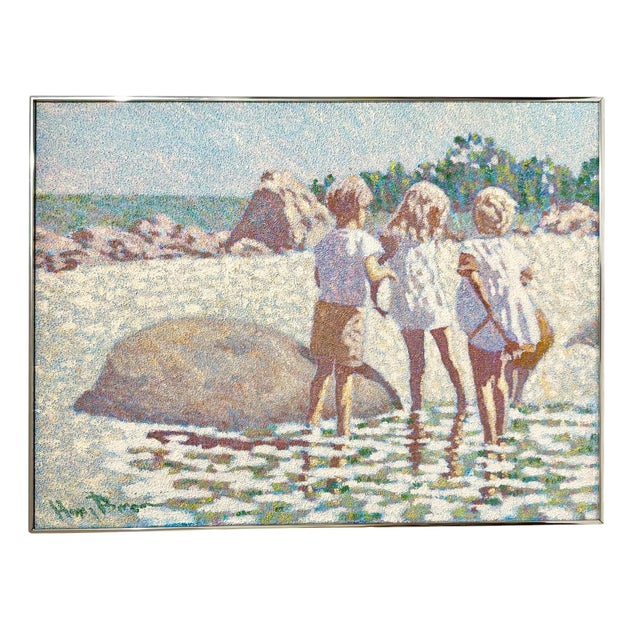 Textile Henry Benson, Large Oil Painting Beach Scene with Children Henry Benson Americana Art Seashore For Sale - Image 7 of 8