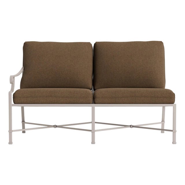 Brown Jordan Venetian Left Arm Loveseat, Dove frame with Fusion Moccasian fabric For Sale