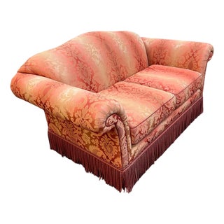 Kravet Furniture Coral Silk Damask Camelback Loveseat With Bullion Fringe For Sale