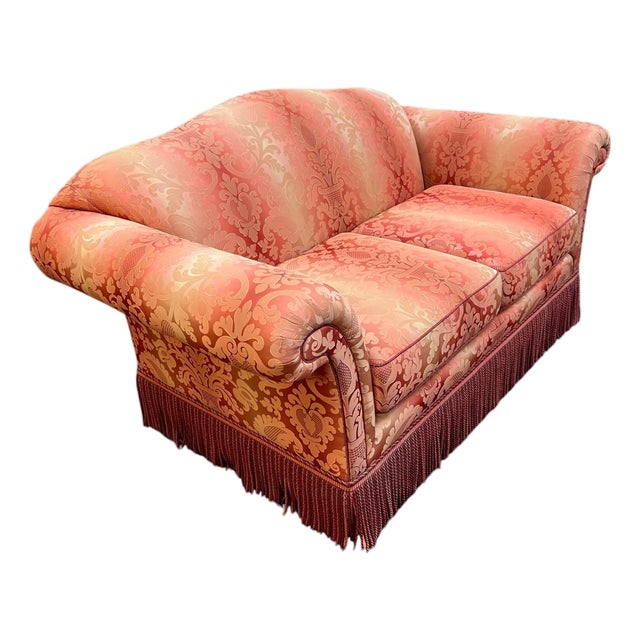 Kravet Furniture Coral Silk Damask Camelback Loveseat With Bullion Fringe For Sale
