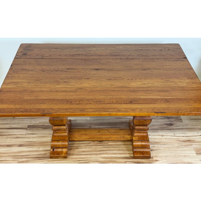 Vintage Solid Wood Tuscan Farmhouse Style Drop Leaf Trestle Table For Sale In Kansas City - Image 6 of 17