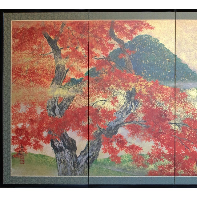 Stunning Japanese printed 4-panel Byobu (folding screen) after the painting "Okurayama Autumn Leaves" by Kakaaki Ito....