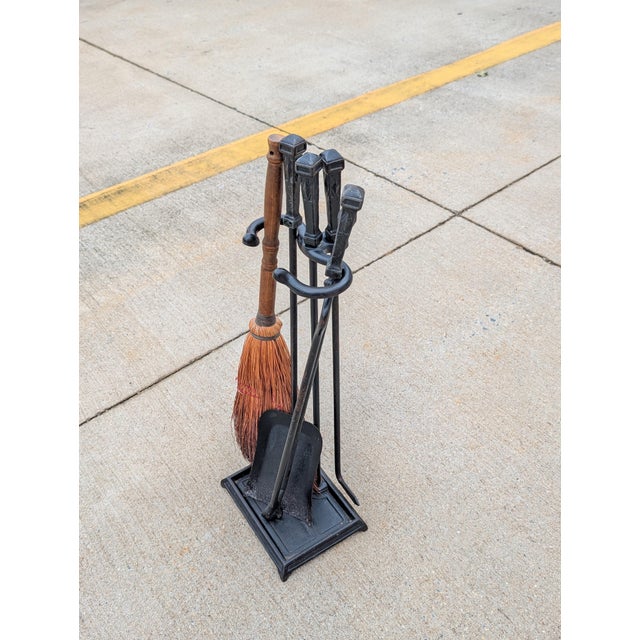 Elevate your hearth with this Vintage 4-Piece Wrought Iron Fireplace Tool Set, an exceptional blend of heavy-duty...