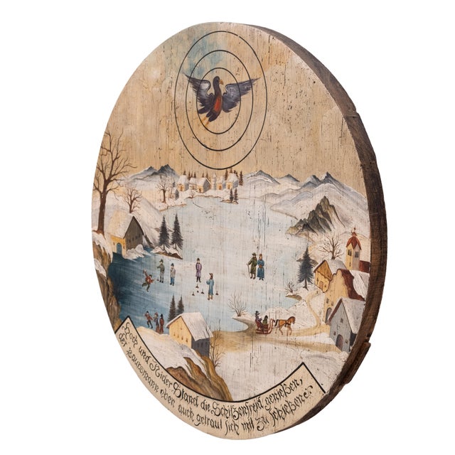 Vintage Round Folk Art Hand Painted Winter Landscape, Germany, 1950 For Sale - Image 4 of 10