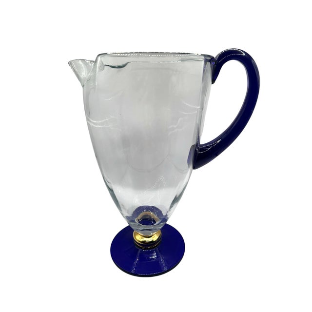 Mid-Century Modern Vintage Romanian Cobalt Blue and Gold Crystal Pedestal Pitcher For Sale - Image 3 of 12