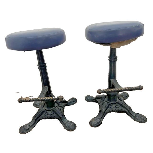 1950s Vintage Cast Iron Bar Stools Barley Twist Footrest Swivel Seat Set of Two For Sale - Image 5 of 10