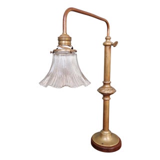 Large Brass, Wood, and Clear Fluted Glass Desk Lamp, 1930s For Sale