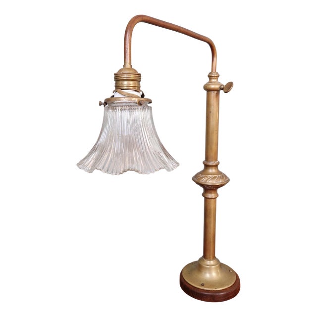 Large Brass, Wood, and Clear Fluted Glass Desk Lamp, 1930s For Sale