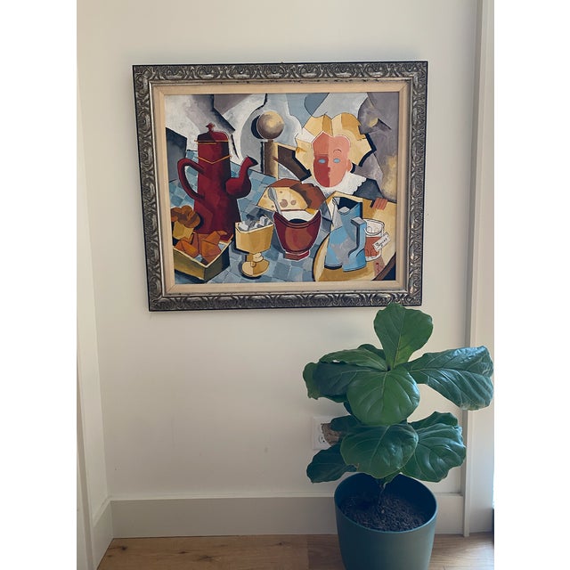 Original oil on canvas, signed and dated 1996. Post-Cubist composition — fragmented figure, coffeepot, tabletop objects....