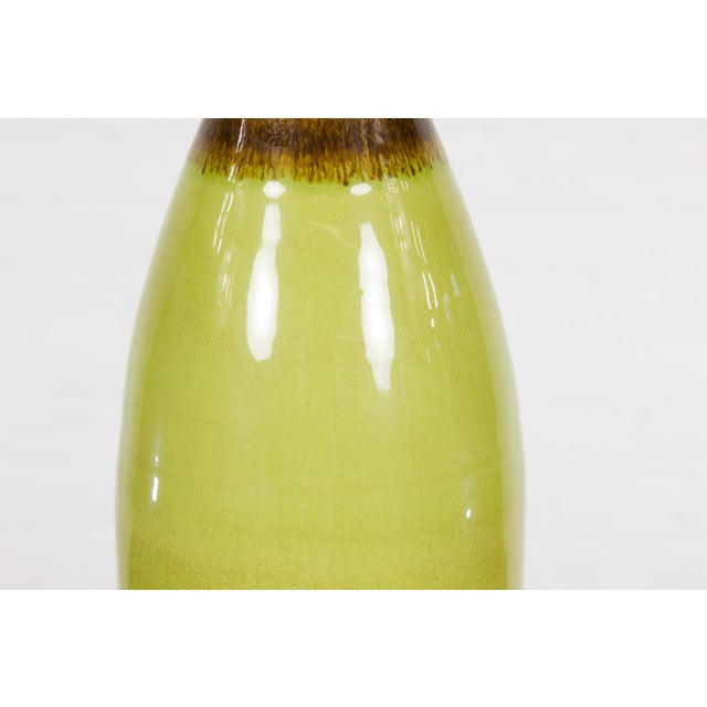 Light Green Early 21st Century Artisan Handmade Lime Green Glazed Ceramic Vase with Brown Neck For Sale - Image 8 of 12