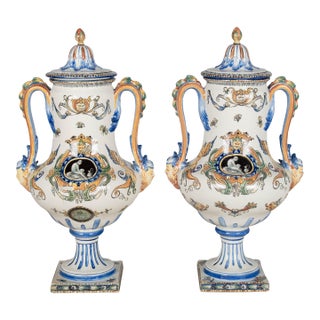 Pair of 19th Century French Gien Faience Urns For Sale